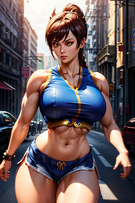 ((Female based on the character Chun Li)), large breasts, giant breasts, muscular chun-li, Martial arts, Fight scene showing pubic hair, Wide legs, medium hips, ((ultra realistic)), TM Ninja White , Icons, vibrant colors, Vector style, digital art, 8k, Int...