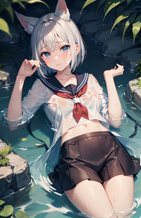 ​masterpiece,Top image quality,hight resolution,imagem 4k,Raw photo,Photorealsitic,{Solo},teens girl,Embarrassment,Silver Short Bob,stare at each other,Wet,Blue eyes,小柄,tits out,Silver fox ears,Fox tail,laying on back,Bathing in water,boyish,a sailor suit,