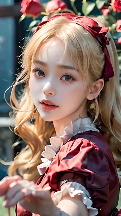 (​master piece:1.2, Best Quality), Realistic, (real picture, Intricate details, depth of fields), highly-detailed, ((red Lolita Dress, puff sleeves)), (Neat face), (Teenage Japanese girl dancing in a rose garden), (blonde hair, long wavy hair, Blunt bangs)...