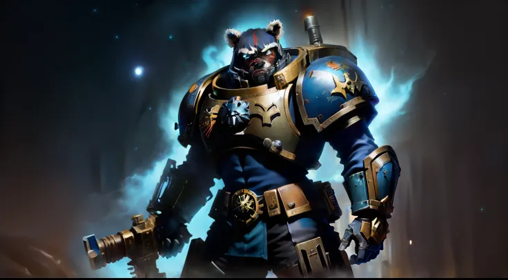 Warhammer 40k space marine with a color scheme that is themed after a raccoon