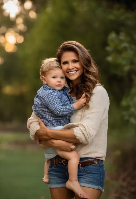 um menino lindo (4 anos) (Jonatas Lipnicki) is in his mothers arms with Nina Dobrevs face,loving mother,adorable boy,Cheerful and relaxed atmosphere,cores brilhantes,soft lighting,obras de arte de alta qualidade,Detailed features,melhor qualidade,ultra-det...