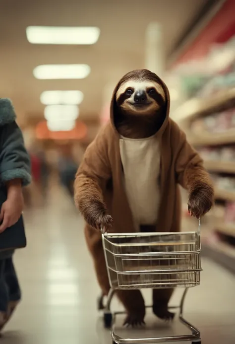 Create a comical mall scene with sloths dressed in human clothing, moving incredibly slowly while shopping for clothes and snacks