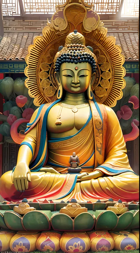 （A huge Buddha statue），Chinese Buddha statues，frontage，holy rays，Resplendent，glorious，Holy，Lots of orange-yellow，with light glowing，Be with nature,Faraway view，extremely detailed nipple，of the highest quality，8K