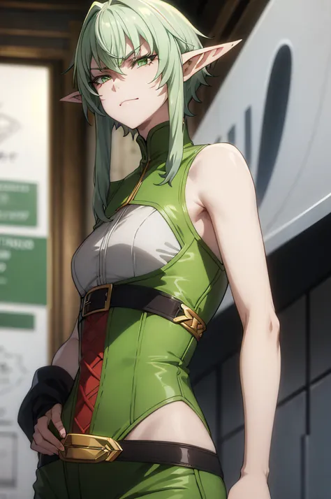 pointy ears, green hair, green eyes, short hair, short hair with long locks,smug
half-closed eyes