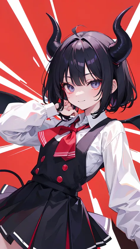 Demon skin, loli, schoolgirl outfit, , black hair, smile, cute, demon horns , demon tail (masterpiece), best quality, expressive eyes, perfect face