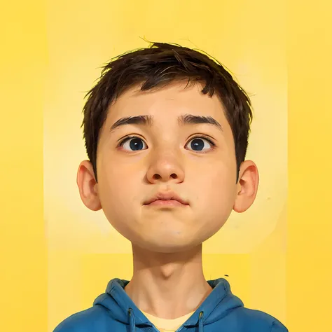 Yellow background、Boy Wearing Blue Hoodie、The face is facing forward、