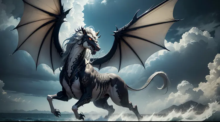 (The main subject: Wide-angle lens), (Best quality, A high resolution, Masterpiece:1.2), (Realistic:1.37), hdr,salama， [（Silver Chinese dragon+banya+flowing mane+sharp claws and fangs)+(Dynamic and powerful wings）], salama，dramatic clouds,(Deep depth of fi...