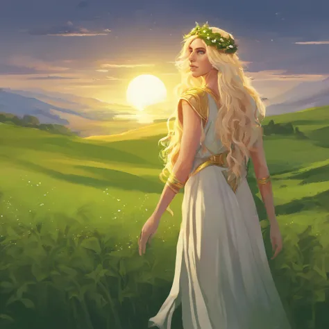 Greek Goddess Demeter, long blonde hair, Sun behind her head, standing in a green field