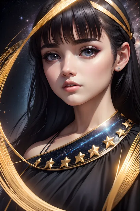 Deusa criadora de estrelas, obra de arte, Divona Representation, vestido longo, olhos de fogo, cabelo feito de luz, black hair, Surrealism, 8k, super detail,