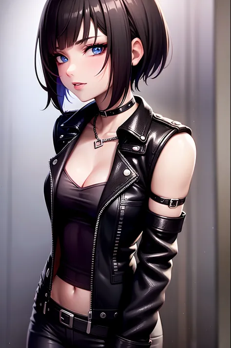 Close up portrait, punk girl with brown bobcut and blue eyes, punk clothes, goth, punk jewellery, sexy, slim, magenta mini top, cool leather jacket, black jeans, rock concert background, vibrant colors, darken, digital art, 8k, masterpiece,