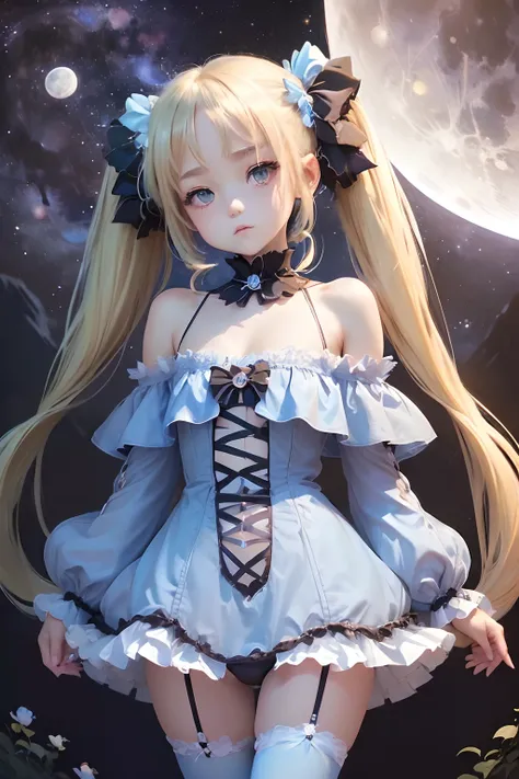 (((Petite girl with blonde twin tails))),((Light Blue Silk Off Shoulder Gothic Dress)),1girl in,(masutepiece), (Best Quality), (Best Detail),, ((())), Very detailed face, , Night , shading ,(((kosmos))),((())),(((below from))),(())),,(((milkyway,fullmoon))...