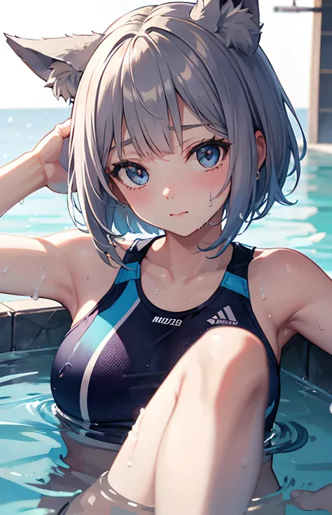 ​masterpiece,Top image quality,hight resolution,imagem 4k,Raw photo,Photorealsitic,{Solo},teens girl,Embarrassment,Silver Short Bob,stare at each other,Wet,Blue eyes,小柄,tits out,Silver fox ears,Fox tail,laying on back,Bathing in water,boyish,sports wear