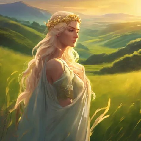 Greek Goddess Demeter, long blonde hair, Sun behind her head, standing in a green field