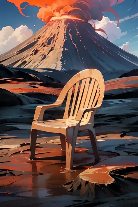 motivatedchair in front, massive volcanic eruption, muddy lava, background cloudy, volcanic erruption