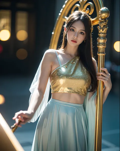 Goddess Athena in golden sacred armor, Hold a shield in your left hand，Hold a scepter in your right hand, Stand inside the Goddesss Palace.,(Best quality,4K,8K,A high resolution,Masterpiece:1.2),Ultra-detailed,(Realistic,Photorealistic,photo-realistic:1.37...