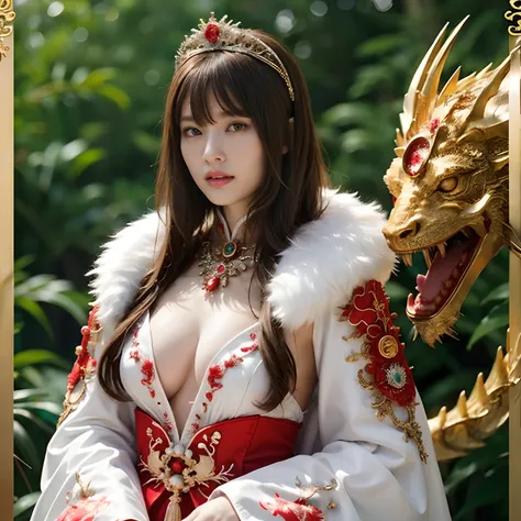 (Fight fiercely with dragons)、top-quality、​masterpiece、超A high resolution、（White Dragon Armor）、dragon armor、(Wearing a beautiful crown made of jewels),(Photorealsitic:1.4)、Raw photo、女の子1人、Golden hair、glowy skin、(((Chinese Dragon)))、（Gorgeous Jewelry Neckla...