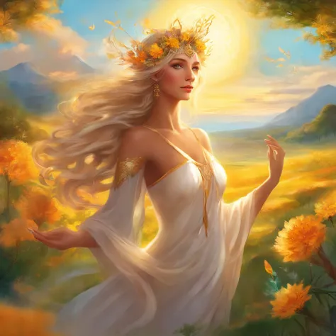 Demeter,goddess,body seen from behind with arms raised and surrounded by yellow glowing sun, flowing blonde hair, standing tall in the middle of a lush green field, dressed in a flowing white gown, delicate flowers scattered all around her feet. The sunlig...