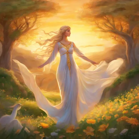 Demeter,goddess,body seen from behind with arms raised and surrounded by yellow glowing sun, flowing blonde hair, standing tall in the middle of a lush green field, dressed in a flowing white gown, delicate flowers scattered all around her feet. The sunlig...