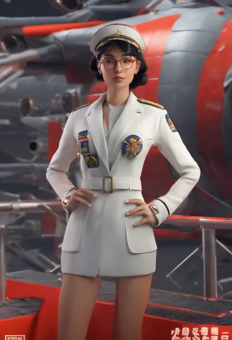 High definition,woman,Small size,Black hair,Double braid hairstyle,Bang Bang,Green eyes,Red glasses,wearing a formal dress,uniform,White coat,dark expression,warship,Carrier-based aircraft carriers, Futuristic, Science fiction, warplane, space, War