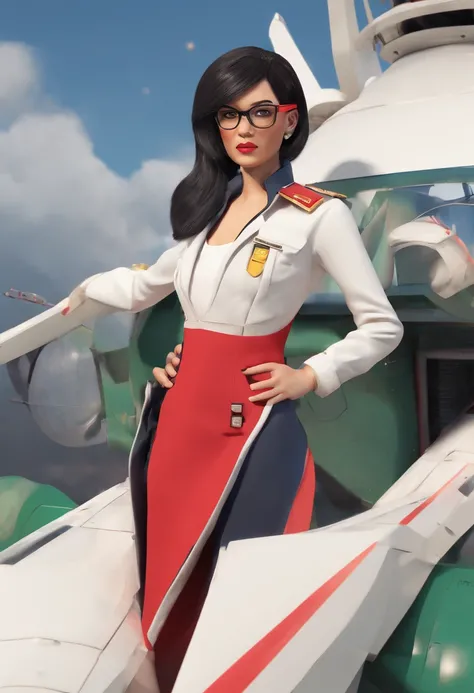 High definition,woman,Small size,Black hair,Double braid hairstyle,Bang Bang,Green eyes,Red glasses,wearing a formal dress,uniform,White coat,dark expression,warship,Carrier-based aircraft carriers, Futuristic, Science fiction, warplane, space, War