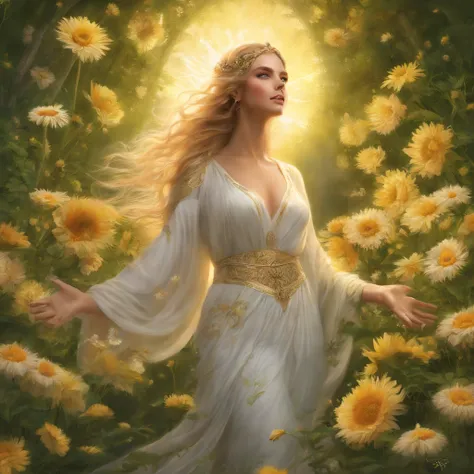 Demeter,goddess,body seen from behind with arms raised and surrounded by yellow glowing sun, flowing blonde hair, standing tall in the middle of a lush green field, dressed in a flowing white gown, delicate flowers scattered all around her feet. The sunlig...