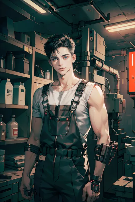 1 boy,Handsome face, perfect male body,look at the camera, smile,(male technician,wear overalls, with short black hair, in Repair room, mechanical arm,holding a repair tool in hand),(cyberpunk theme:1.3),background is tech Factory,Dim light,masterpiece,sur...