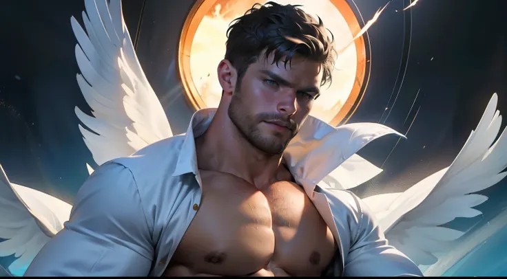 Man with large white feather wings on his back, large wings, Jamie Dornan, eyes of light, wearing a short black beard, wearing a Golden Crown, focus on the details of the face, rays coming out, serious and attractive man, shirtless, showing his chest , mag...