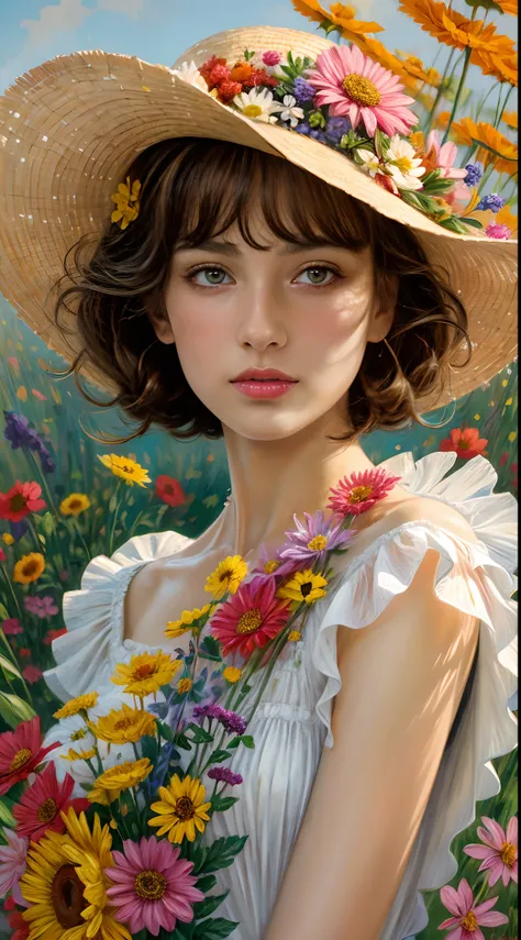 commercial illustration of a woman dressed in flowers with flowers in her hair, in the style of artgerm, vibrant palette knife, franciszek starowieyski, michael malm, captures the essence of nature, sun-kissed palettes, illustration --ar 58:77 --s 750 --st...