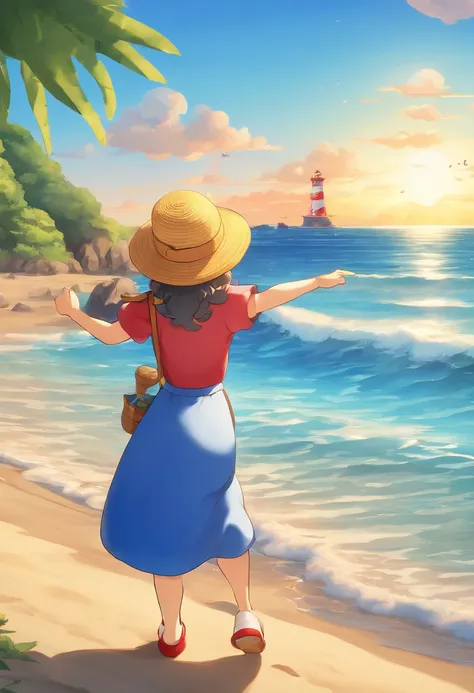 best quality, masterpiece, extremely detailed, high res, 8k, ultra high res, detailed shadow, ultra realistic, realistic, dramatic lighting, Wearing a neat blue dress and straw hat on the beach, (Beautiful Japan female), smile, Profile seen from behind, (B...