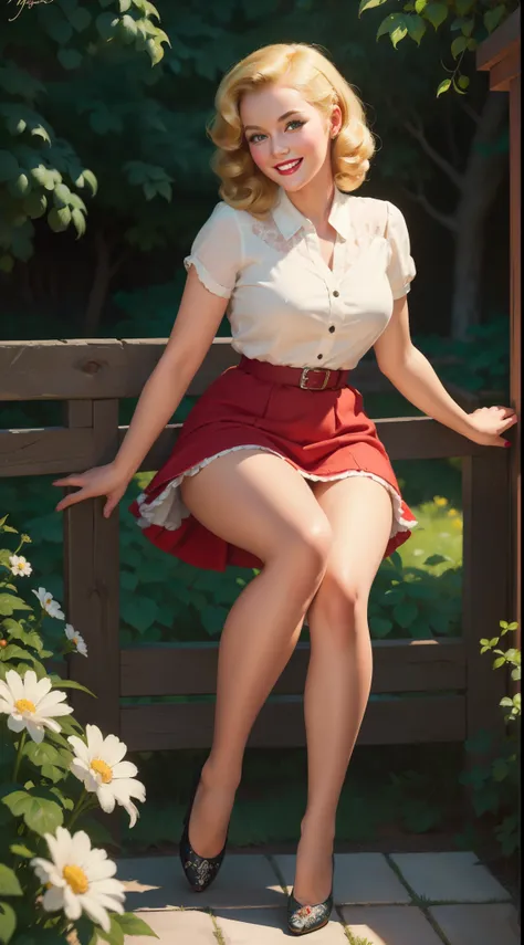 (masterpiece:1.4), (best quality:1.4), retro vintage pin-up style, extremely detailed, intricate, hyper-detailed, illustration, soft lighting, 20 years old girl, Blonde hair, doted skirt, bend_over, grin, (perfect_face), sitting on fence, out door, garden,...