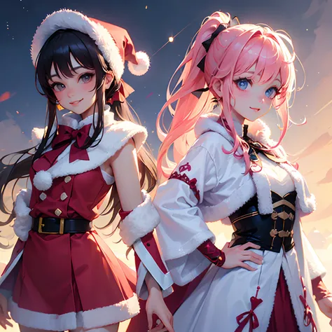 {{masterpiece}}, {{best quality}}, {ultra-detailed}, {{kawaii}}, cute, {lovely}, illustration, realistic, real, colorful, gradation, winter, 2girls, 2 cute girls, santa costume, beautiful pink hair, beautiful brown eyes, {beautiful eyes}, white-skinned, lo...