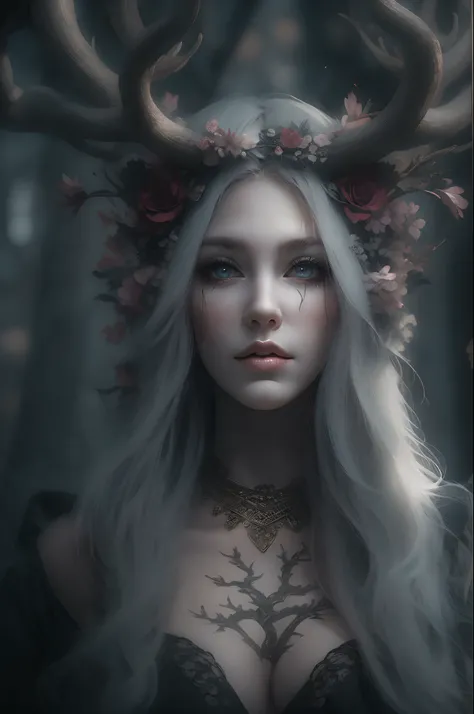 (Masterpiece: 1.2), (Gloomy color scheme), Beauty with long gray hair, Realistic eyes, beatiful face, Beautiful girl with a perfect body, Druid, with large deer antlers on the head, long straight hair, Flowers, entwined with branches, (The body is wrapped ...