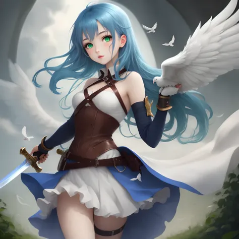 Blue haired girl with dove wings green eyes and a sword