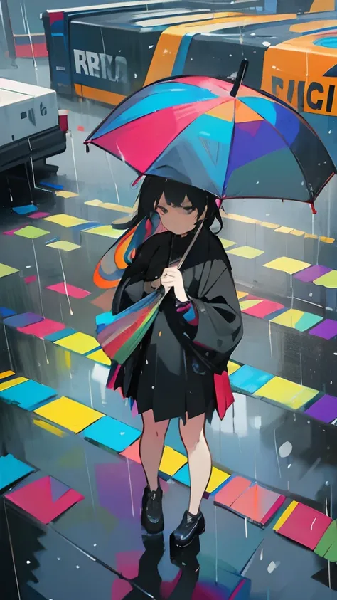 (Masterpiece, Best quality), (Colorful:1.4), Solo, fisheyelens, A girl stands in front of a shipping container with a black umbrella, There was a black car parked next to it, Rained, rainy scene, From above, Depth of field