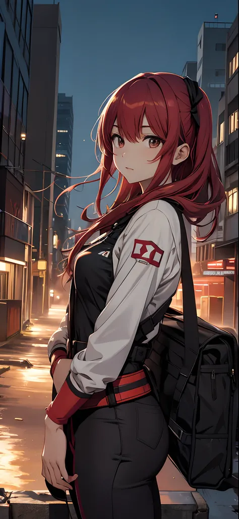 Asuka,1 girl,Driving suits,City ruins,City roof side,dusk,depth of field,Yama,Twilight light,Yun,8k,best quality,proud expression,serious look