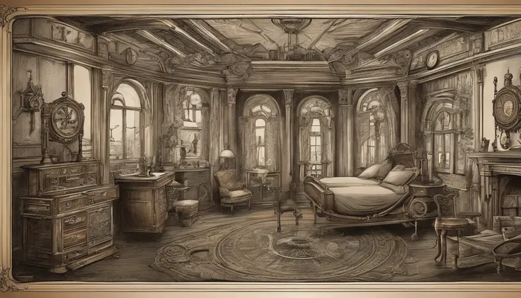 victorian, inn, bedroom scene, hand-drawn