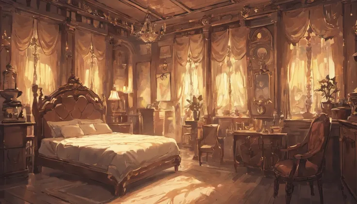 victorian, inn, bedroom scene, white and brown accents, steampunk