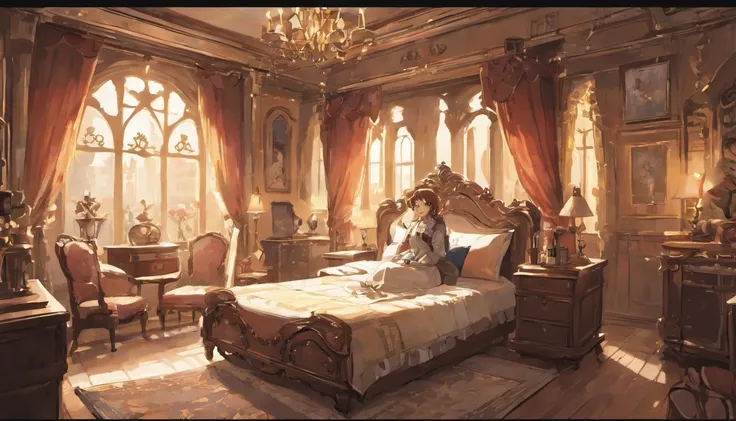 victorian, inn, bedroom scene, white and brown accents, steampunk