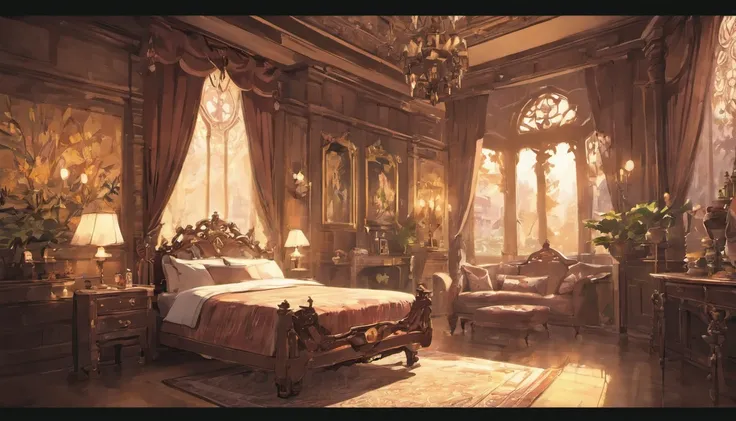 victorian, inn, bedroom scene, white and brown accents, steampunk