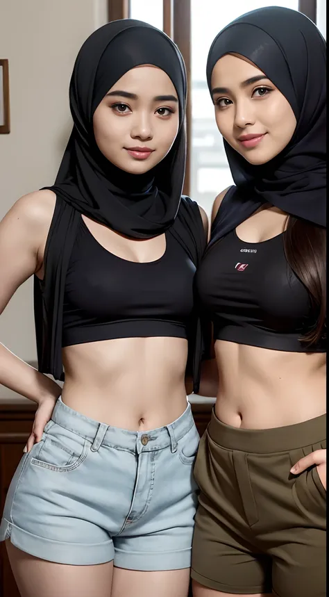 (iu:0.8).cleavage, RAW, Best quality, high resolution, Masterpiece: 1.3, two Beautiful glasses hijabi java girls wearing croptop and boyshort, Masterpiece, Soft smile