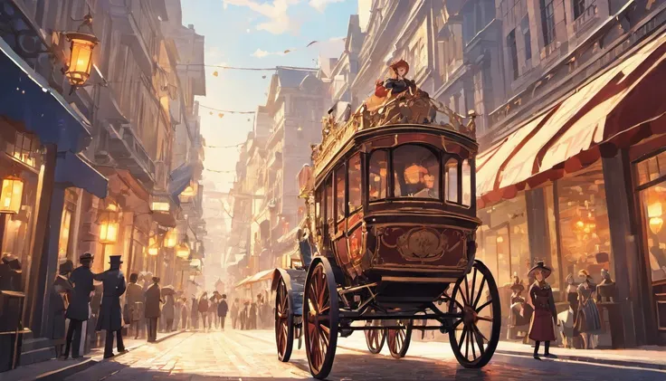 victorian city, bustling streets with carriages, morning, steampunk