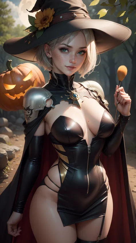 gwen tennyson,tracer,anko mitarashi, mordred,atelier ryza,nier automata,1girl, close up,mecha pilot,tattoos,halloween forest,golden and red plugsuit,pirate corset,silver long sleeve lycra top,fishnet leggings,short hair,cute makeup, green eyes,red and gold...