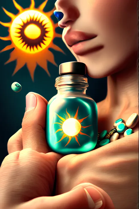 A woman’s hand holding a pill but the pill is a small sun