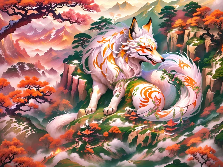 Faraway view，in a panoramic view，(Best quality,tmasterpiece, iintricate,hyper-detailing，Dramatic lighting,extremely detailed CG unity wallpaper) ,Big Yellow Cave Well，(Nine-tailed fox)，A mysterious and ferocious beast，It resembles a fox，（It has nine tails ...