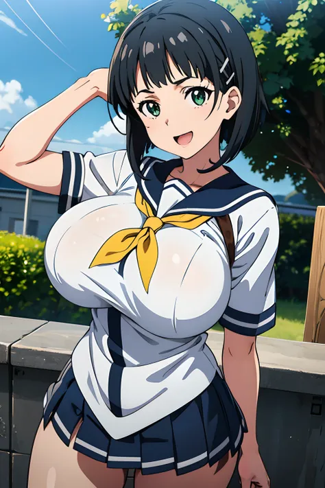 very huge tits, busty, gray sailor school uniform, yellow nectie, naoha kirigaya(sword art online), 1girl, bob hair, black hair,...