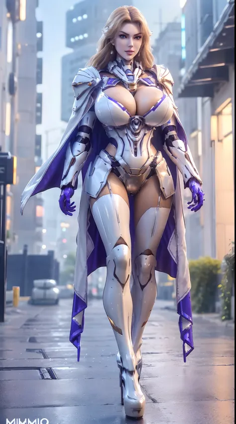 1GIRL, SOLO, (ssmile, makeup, beautifull eyes, red libs, white front bangs hair, gold ornament hair), (HUGE FAKE BOOBS:1.3), olied oily sweaty shiny wet skin, (GUARD ARM), (white, purple, blue, FUTURISTIC MECHA ARMOR SUIT, ROYAL CAPE, CLEAVAGE, SKINTIGHT Y...