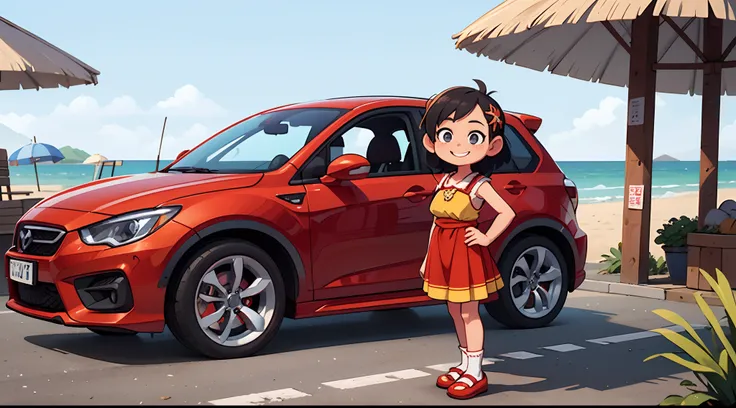 Octane Render、(Hyper-detailing: 1.15)、(Soft light、sharp: 1.2)、morning、Little girl posing in front of red EV in parking lot near beach, Traditional costumes、Distinctive ethnic hair ornaments、Characteristic ethnic shoes、 Fuji Film, F/4.0, masutepiece, Anatom...