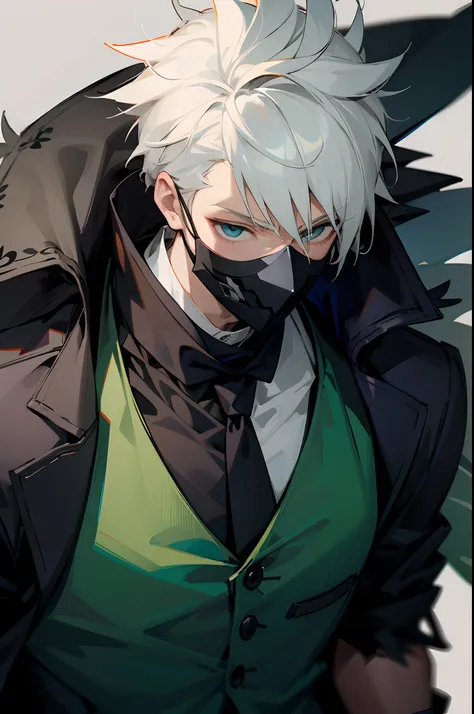 anime, Man, cabelos brancos espetados, black mask in the mouth, colete verde com detalhes em cinza