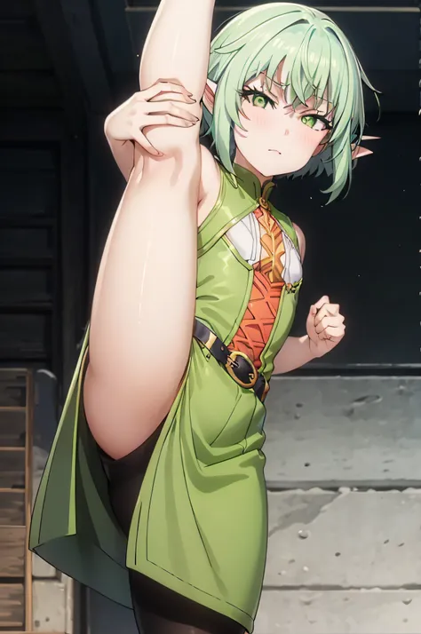 ibalance standing_split, standing_on_one_leg, leg_up Holding leg ,smug half-closed eyes,pointy ears, green hair, green eyes, short hair, short hair with long locks, 1girl, office lady, collared shirt, pencil skirt, pantyhose, office, view from below, beaut...