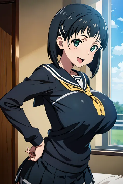 very huge tits, busty, gray sailor school uniform, yellow nectie, naoha kirigaya(sword art online), 1girl, bob hair, black hair,...